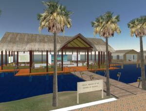 House on the water with the hay roof and palm trees in front, representing the virtual Embassy of the republic of Maldives in Second life virtual world
