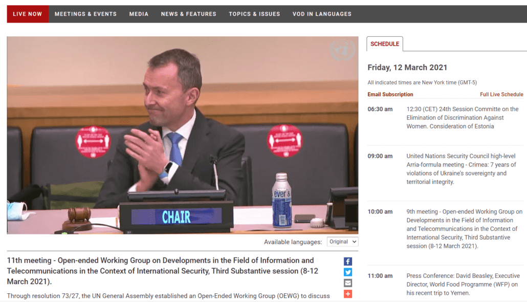 A capture from the livestream showing Amb. Jurg Lauber applauding, at the end of the OEWG meeting