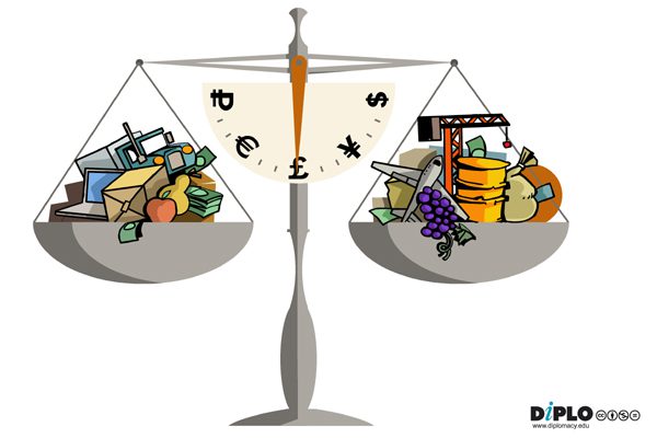 The balance, filled with 'goods', is representative of the goods and services forming part of an economy