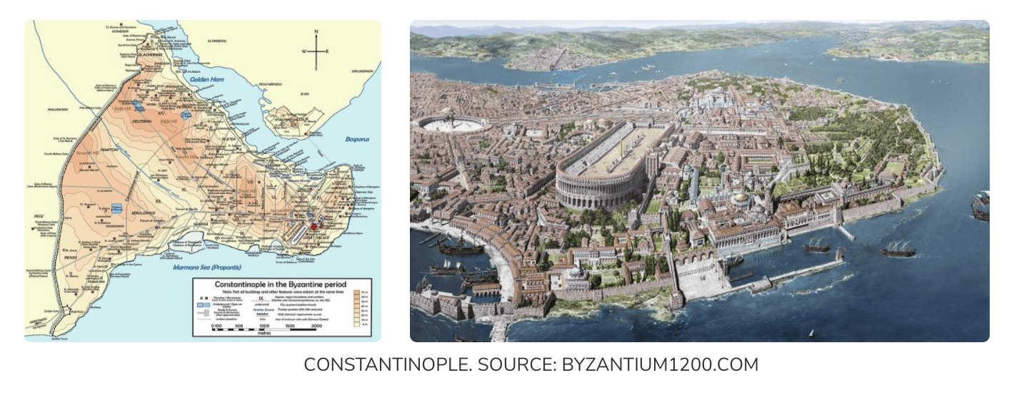 Location of Constantinople of on the left and city model on the right