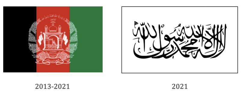On the left, a flag of the Islamic Republic of Afghanistan from 2013-2021 has a white national insignia superimposed over black, red, and green vertical stripes, next to a 1997 and 2021 flag of the Islamic Emirate of Afghanistan with a black Shahada on a white background on the right side.