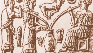An old sumerian drawing of three persons drinking beer from a big pit with very long straws