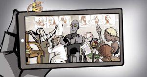 A robot hand holding a phone with a selfie image of historical characters