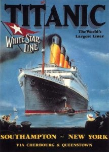 Poster for the Titanic cruiser ship in harbour, people waving, 1912