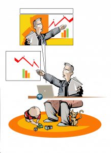 Illustration of a man doing an online presentation while his child plays under the table