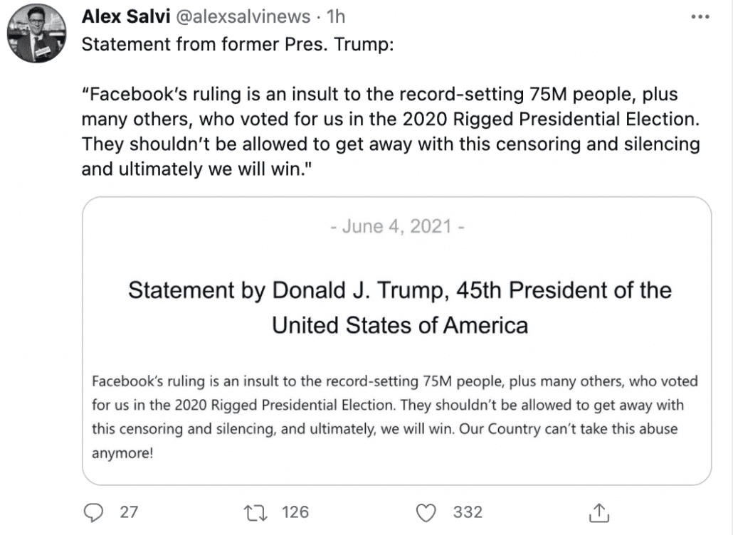 A tweet by @alexsalvinews linking to a brief statement by former US President Donald Trump on Facebook's ruling to deplatform him