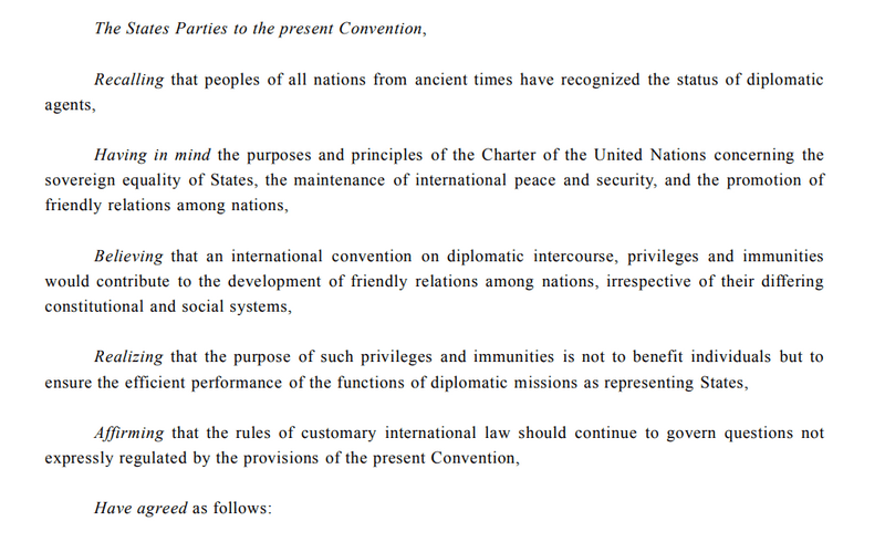 Preamble  to the Vienna Convention on Diplomatic Relations