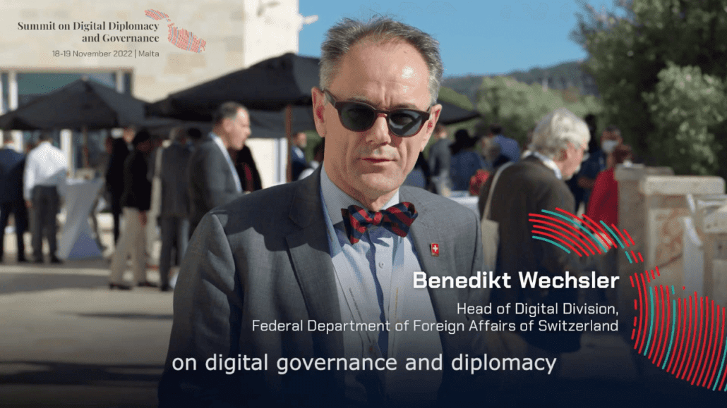 Screenshot of an interview with Benedikt Wechsler during the Summit for Digital Diplomacy and Governance 2022