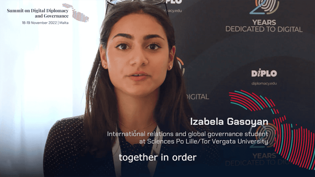Screenshot of an interview with Izabela Gasoyan during the Summit for Digital Diplomacy and Governance 2022
