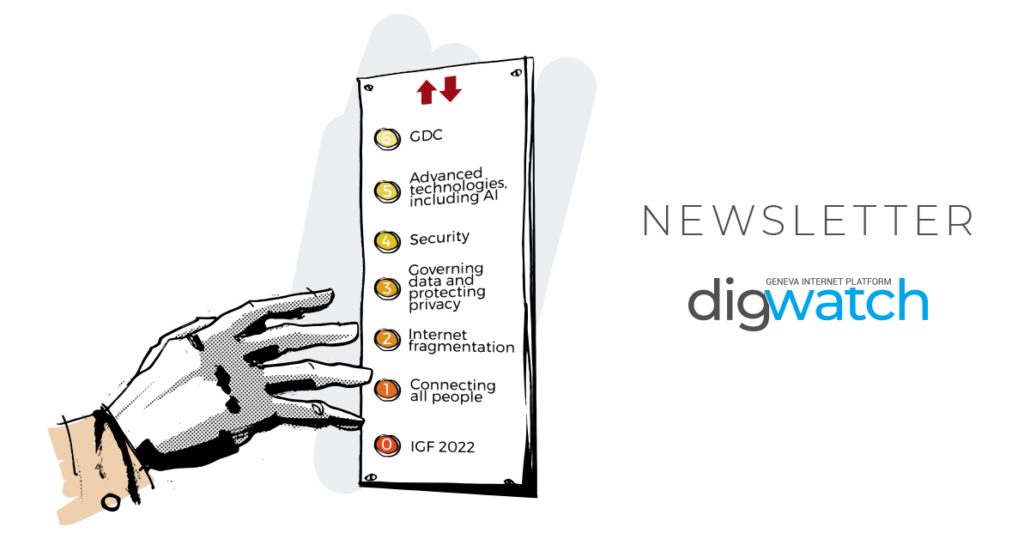 Banner for DW Newsletter 75 (December 2022) showing and arm reaching for what looks like elevator buttons, each representing a digital policy topic.