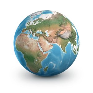 Physical earth globe, highly detailed, focused on Europe, Asia and Africa. Planet Earth, isolated on white - 3D illustration (Blender software), elements of this image furnished by NASA (https://eoimages.gsfc.nasa.gov/images/imagerecords/147000/147190/eo_base_2020_clean_3600x1800.png)